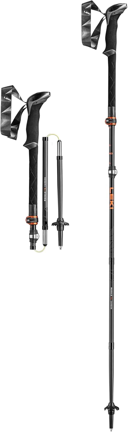 LEKI Makalu FX Carbon Adjustable Lightweight Walking Poles for Trekking & Hiking - Black-Orange-Carbon - 110-130 cm