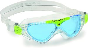 Aqua Sphere Vista Junior Swim Mask with Blue Lens (Clear/Lime). UV Protection Anti-Fog Swim Goggles for Kids