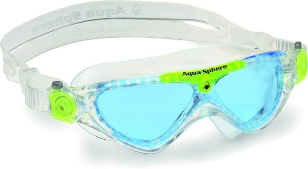 Aqua Sphere Vista Junior Swim Mask with Blue Lens (Clear/Lime). UV Protection Anti-Fog Swim Goggles for Kids