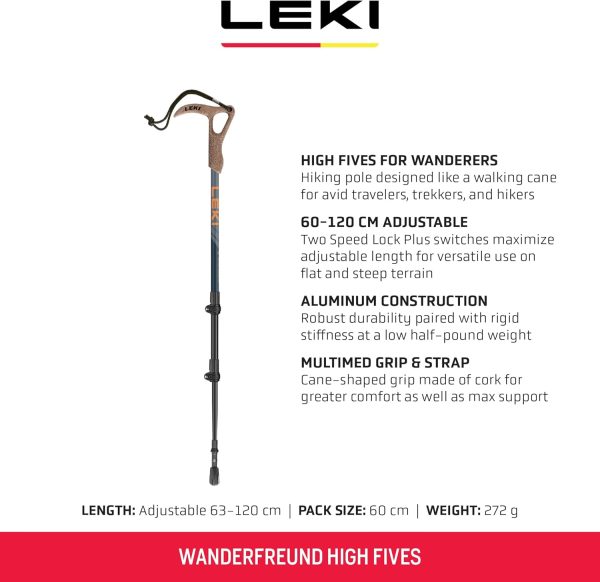LEKI Wanderfreund High Fives Aluminum Adjustable Lightweight Walking Pole (Single) for Trekking & Hiking - Blue-Orange-Blue - 60-120 cm - Image 2