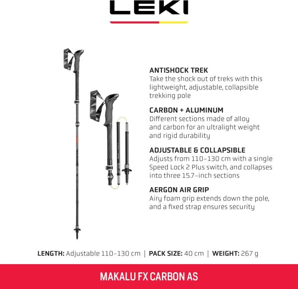 LEKI Makalu FX Carbon AS Adjustable Lightweight Walking Poles for Trekking & Hiking - Anthracite-Red-Black - 110-130 cm – Bild 2