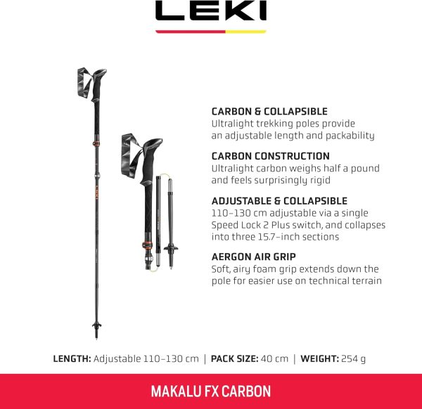 LEKI Makalu FX Carbon Adjustable Lightweight Walking Poles for Trekking & Hiking - Black-Orange-Carbon - 110-130 cm - Image 2