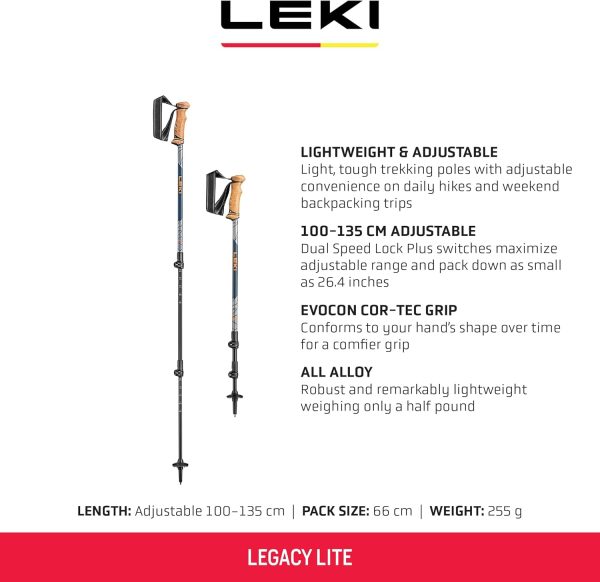 LEKI Legacy Lite Aluminum Adjustable Lightweight Walking Poles for Trekking & Hiking - Orange-Blue-Anthracite - 100-135 cm - Image 2