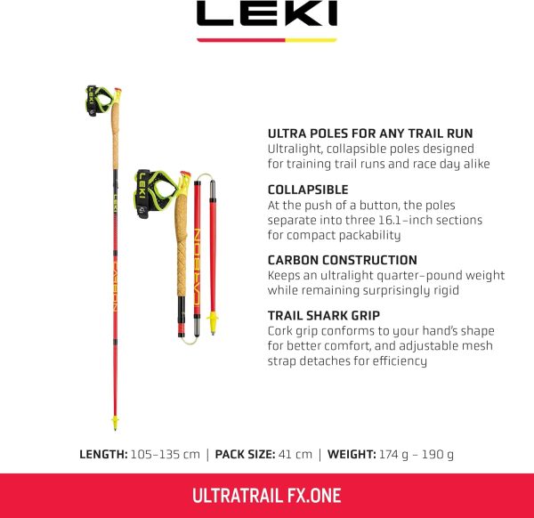 LEKI Ultratrail FX.One Carbon Collapsible Lightweight Trekking Poles for Hiking & Trail Running - Red-Black - 120 cm - Image 2